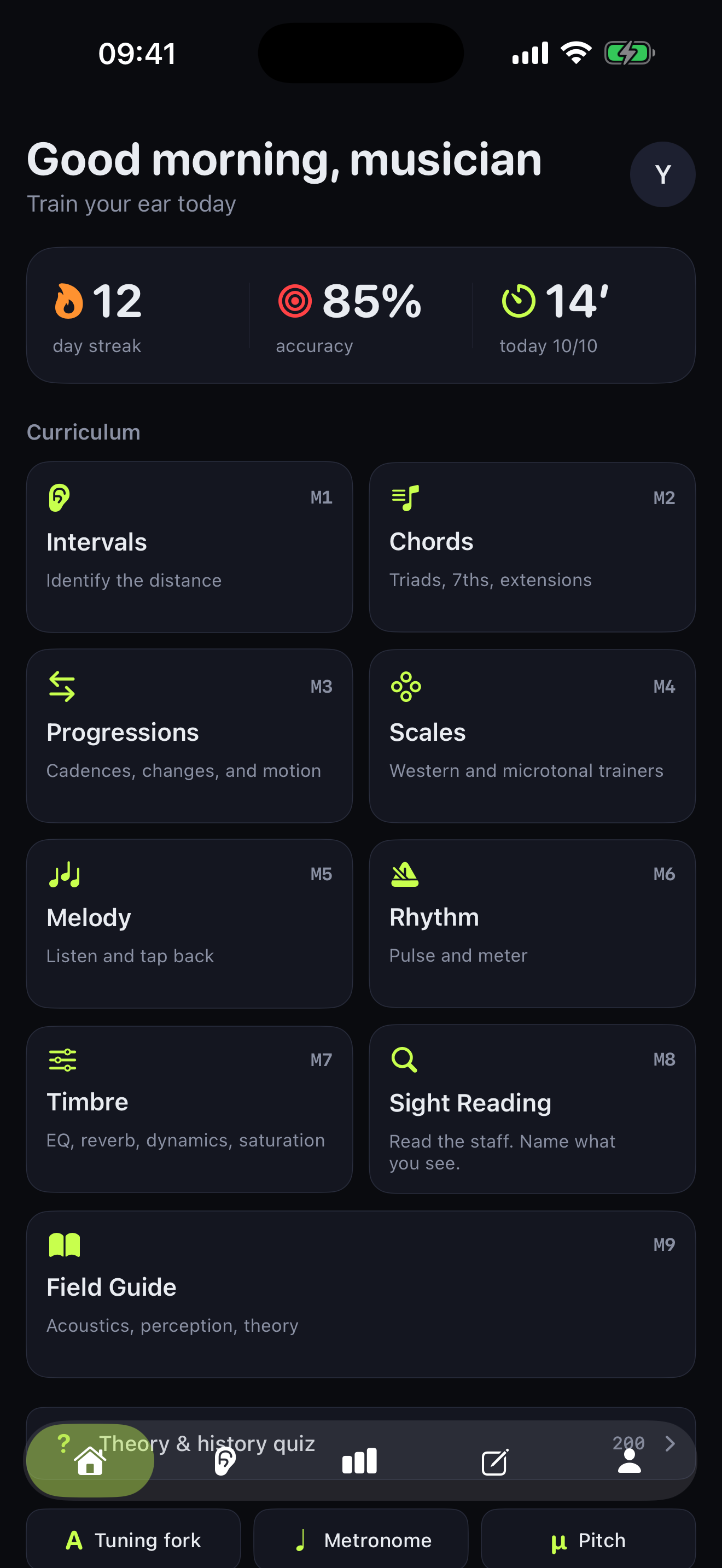 Home tab with the curriculum grid of 8 trainer modules
