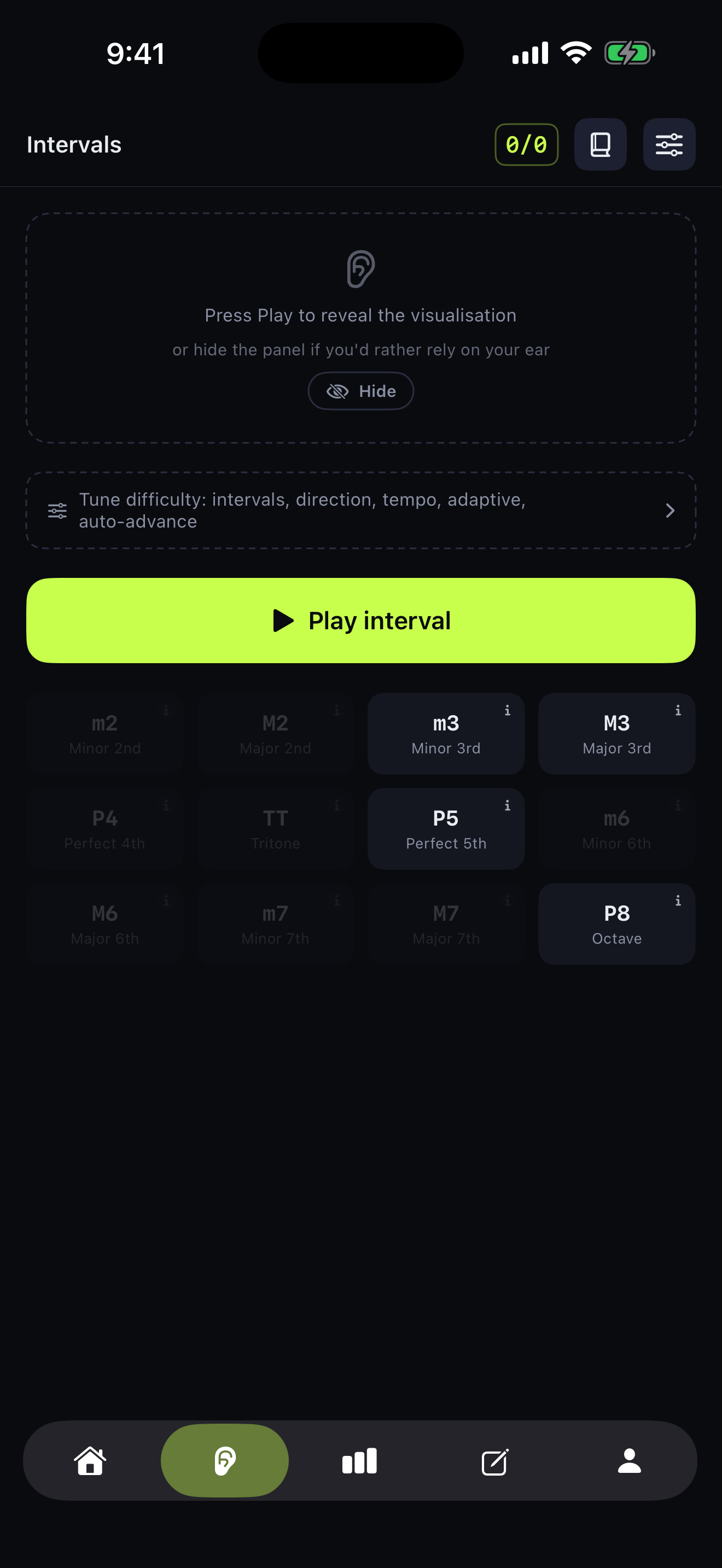 Kymar Intervals trainer with 12-button answer grid and Play button — the daily-drill view