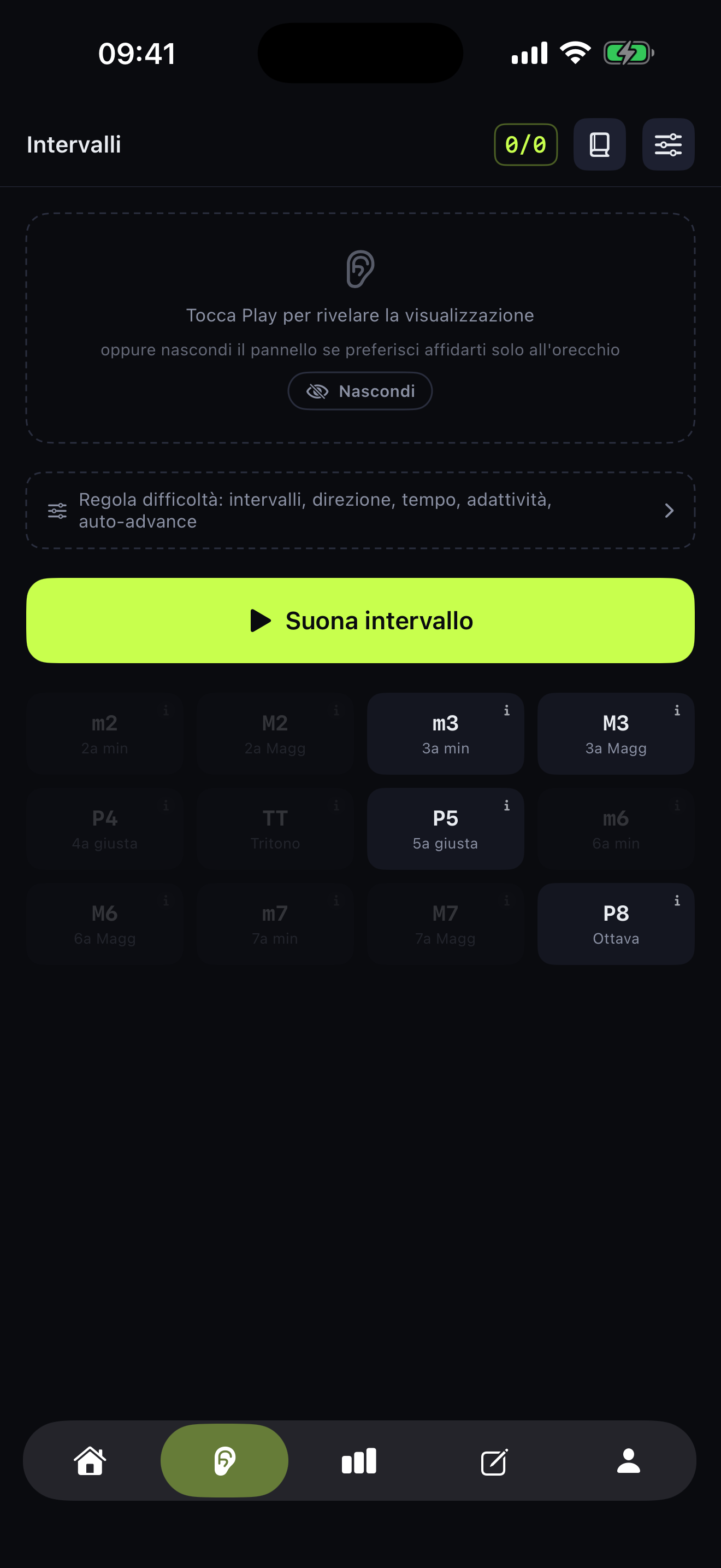 Trainer Intervalli di Kymar con griglia di 12 pulsanti e tasto Play — la schermata di allenamento quotidiano