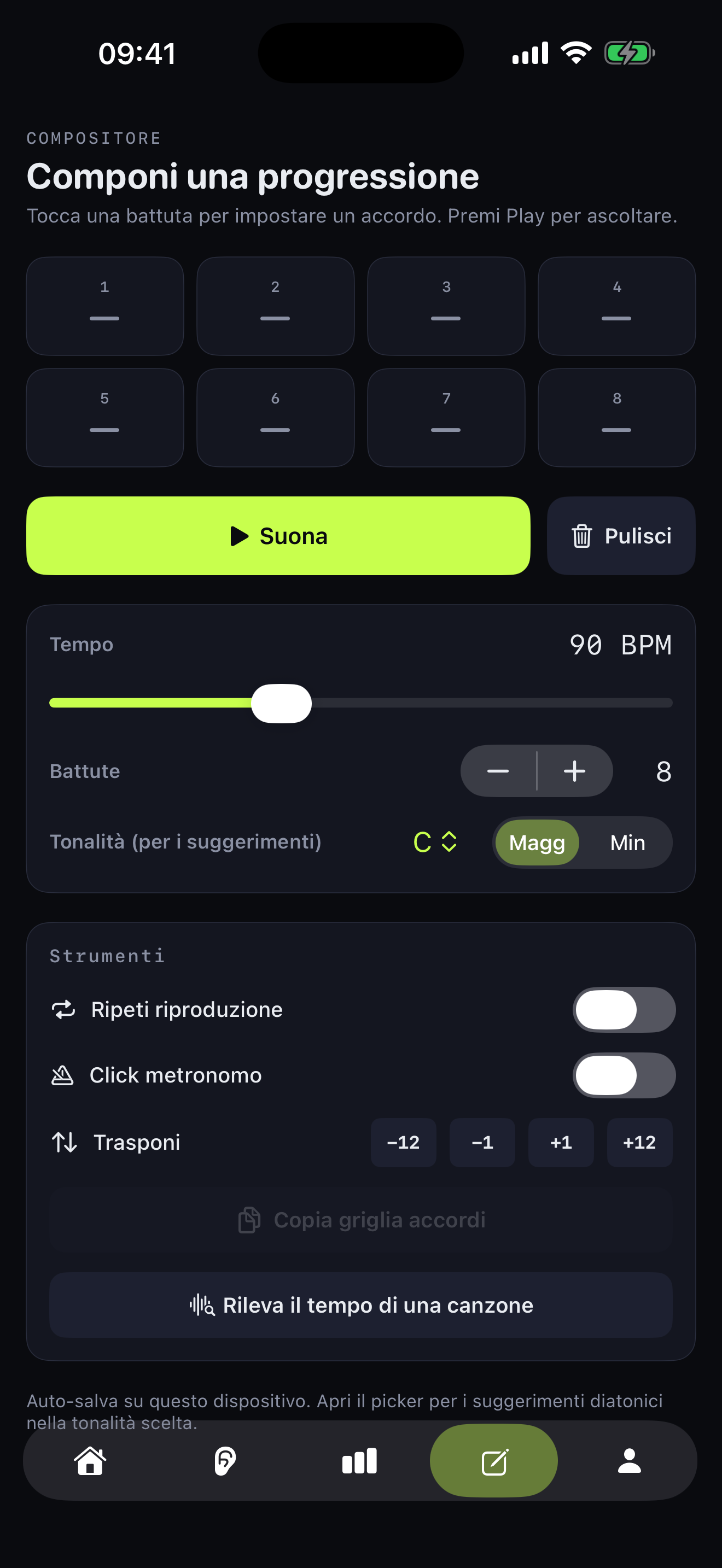 Pad Componi con timeline di accordi su 8 battute