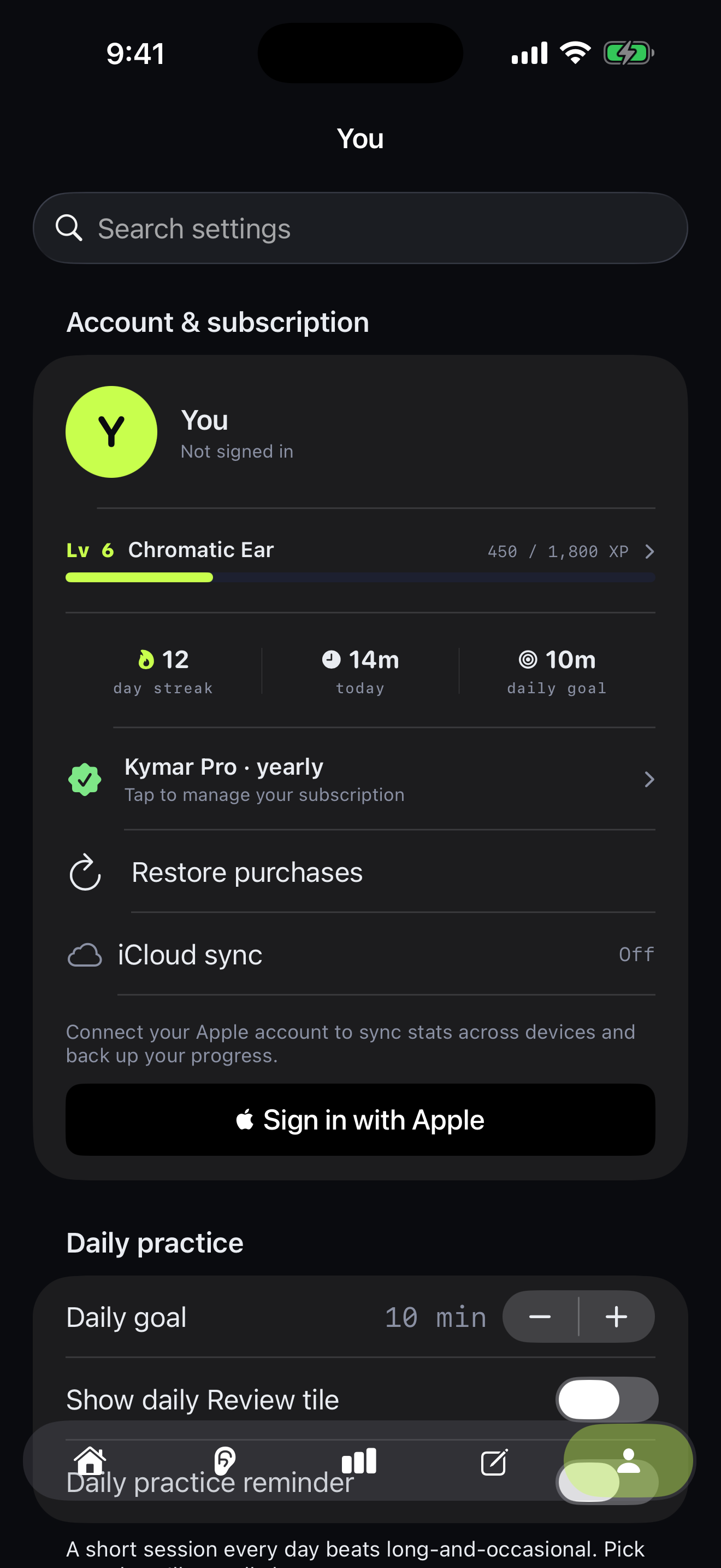 You tab with appearance, audio and daily-goal preferences