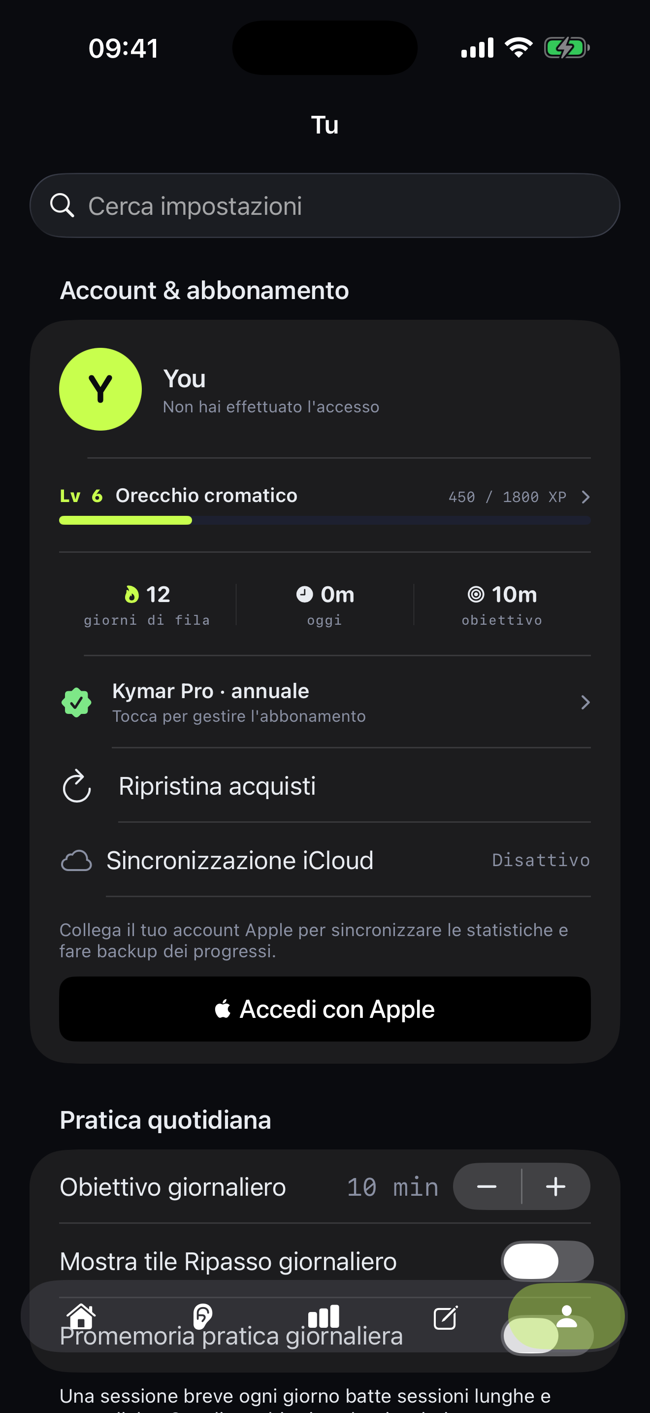 Tab Tu con preferenze aspetto, audio e obiettivo giornaliero